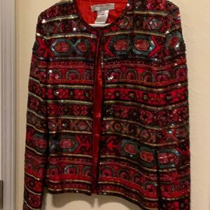 Adrianna Papell vintage sequined jacket, red, black, and green